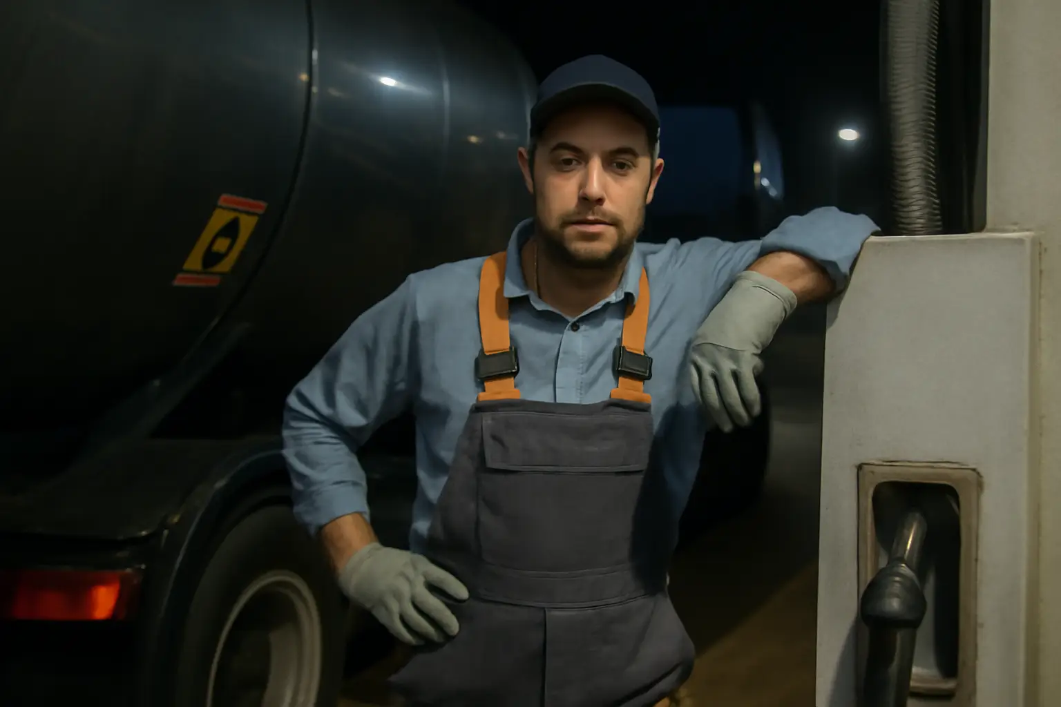 Frentista abastecendo o tanque de um caminhão no horário noturno